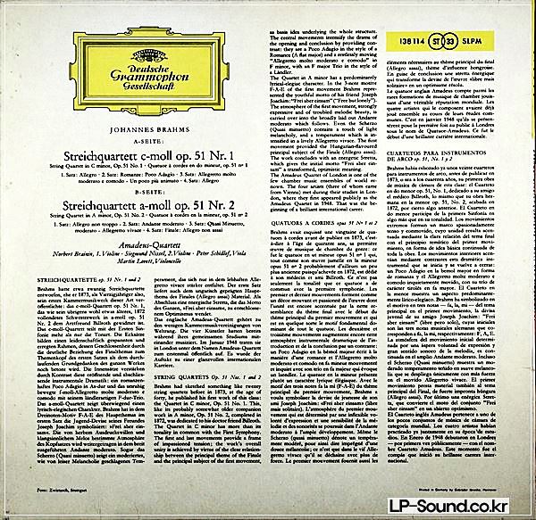 BRAHMS STRING QUARTETS OP.51 NO.1 & 2 AMADEUS QUARTET DGG 138 114