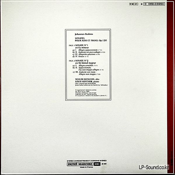 BRAHMS VIOLIN SONATAS 1 & 2 MENUHIN KENTNER C 069 03954