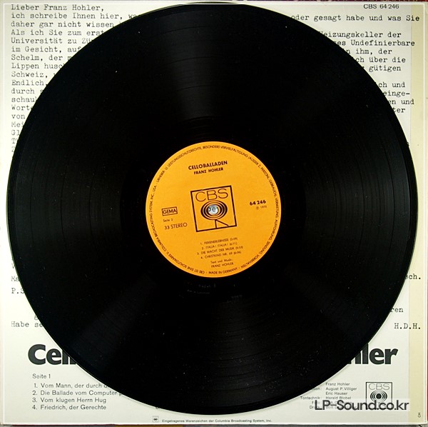 FRANZ HOHLER CELLO BALLADS - CELLOBALLADEN - 1STPRESS 1970 COLUMBIA