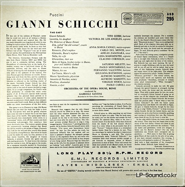 PUCCINI - GIANNI SCHICCHI / SANTINI / TEBALDI / GOBBI 1959 UK ASD 295
