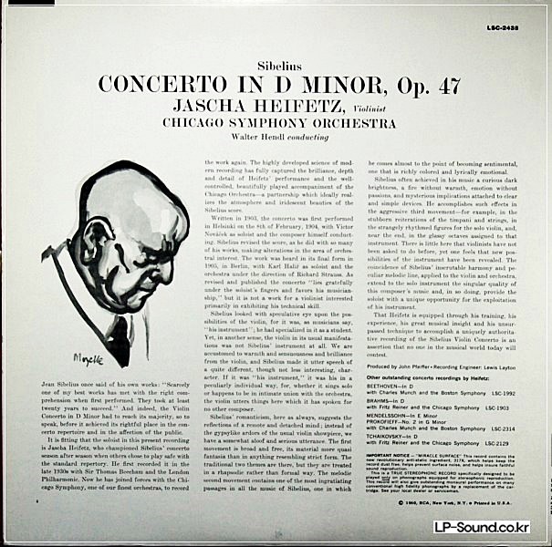 SIBELIUS CONCERTO HEIFETZ / WALTER HENDEL LIVING STREO /SD/ LSC 2435