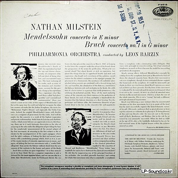 MENDELSSOHN BRUCH VIOLIN CONCERTONATHAN MILSTEIN  CAPITOL P 8518