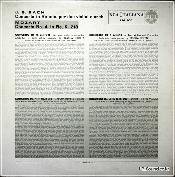 BACH / MOZART VIOLIN CONCERTO JASCHA HEIFETZ / BEECHAM WAXMANRCA LM 1051