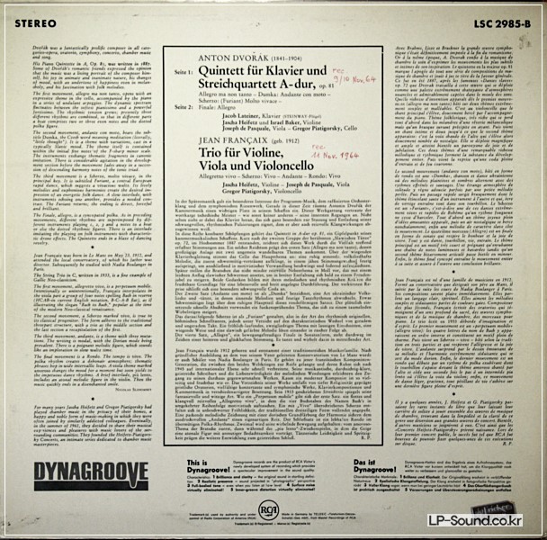 DVORAK PIANO QUINTET HEIFETZ-PIATIGORSKY LSC-2985 –B