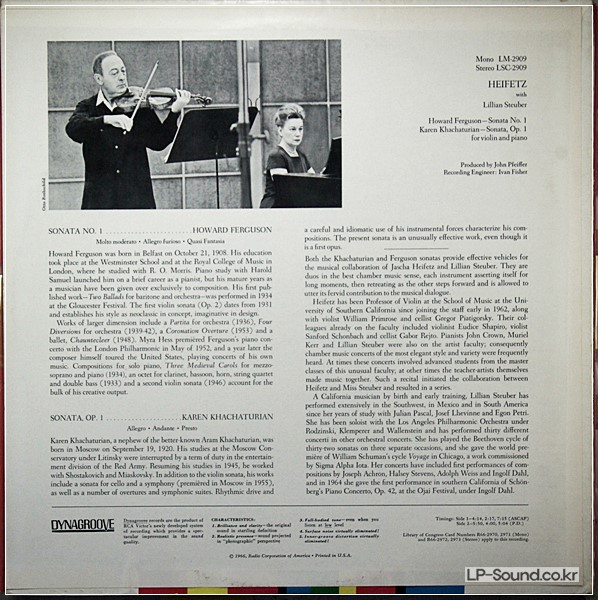 KHACHATURIAN FERGUSON VIOLIN SONATAS #1 HEIFETZ  RCA LSC-2909