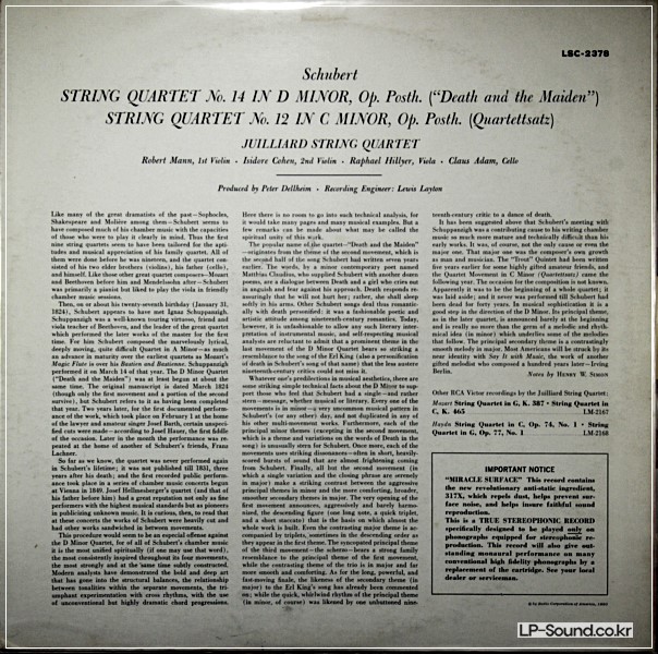 SCHUBERT - STRING QUARTET NO. 12, 14 / JUILLIARD STRING QUARTET  LSC 2378