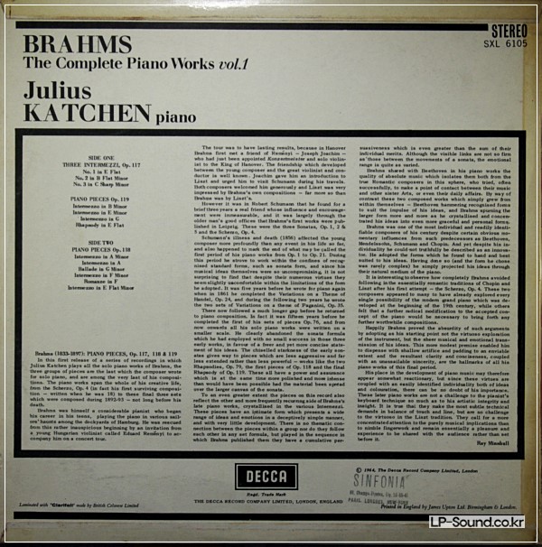 KATCHEN BRAHMS COMPLETE PIANO WORKS 1 BRITISH ED1 DECCA SXL 6105