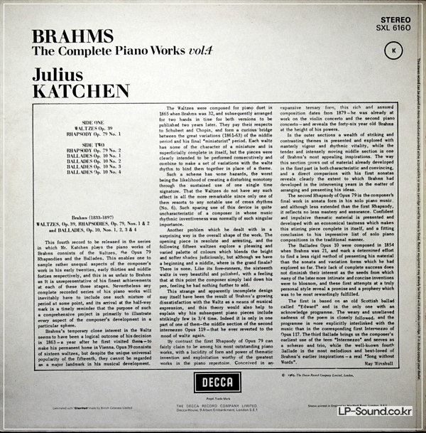BRAHMS PIANO WORKSJULIUS KATCHEN  SXL 6160