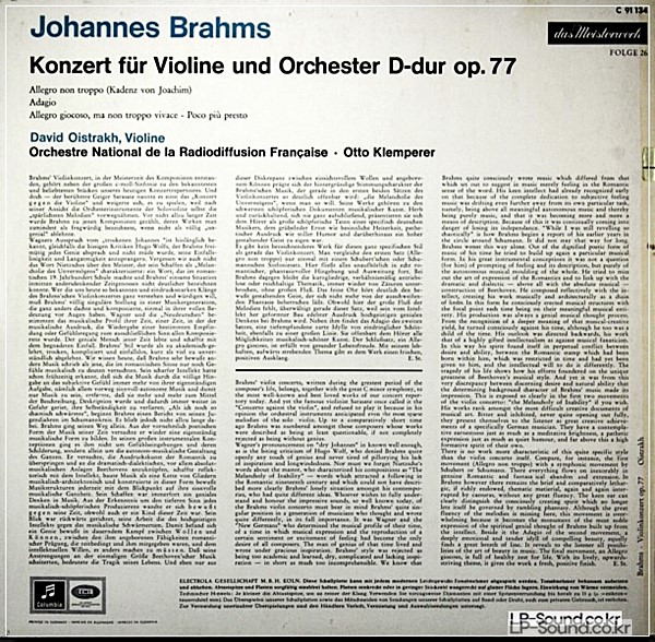 BRAHMS: VIOLIN CONCERTO OP 77 OISTRAKH KLEMPERER C 91 134
