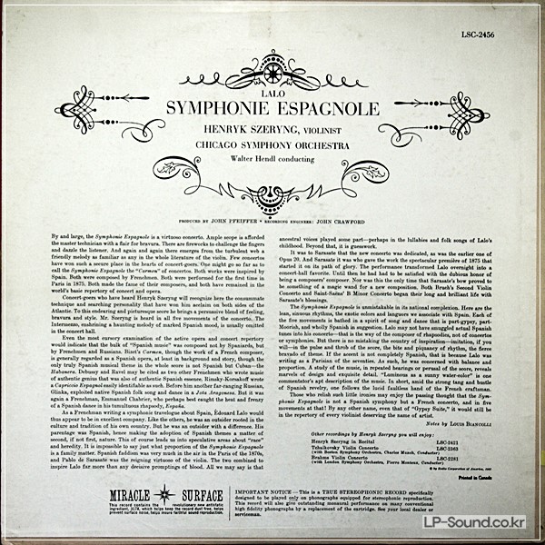 SZERYNG, LALO SYMPHONIE ESPAGNOLE, HENDL, CHICAGO SYMPHONY LSC 2456
