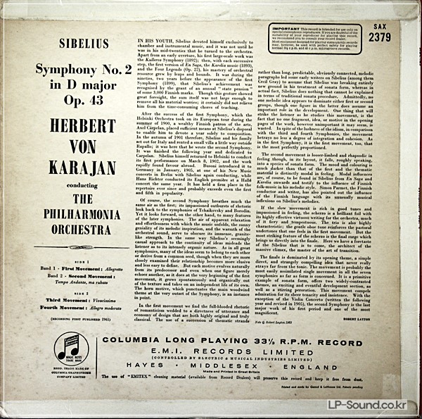 SIBELIUS SYMPHONY NO.2 IN D MAJOR OP.43/COLUMBIA SAX 2379