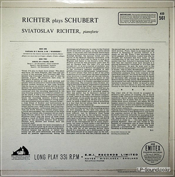 SVIATOSLAV RICHTER RICHTER PLAYS SCHUBERT LP HMV 1963 ASD 561