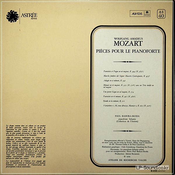 MOZART PIECES POUR LE PIANOFORTE BADURA-SKODA  ASTREE AS 40