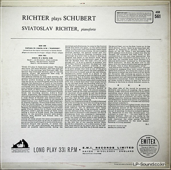 SVIATOSLAV RICHTER RICHTER PLAYS SCHUBERT  HMV 1963 ASD 561