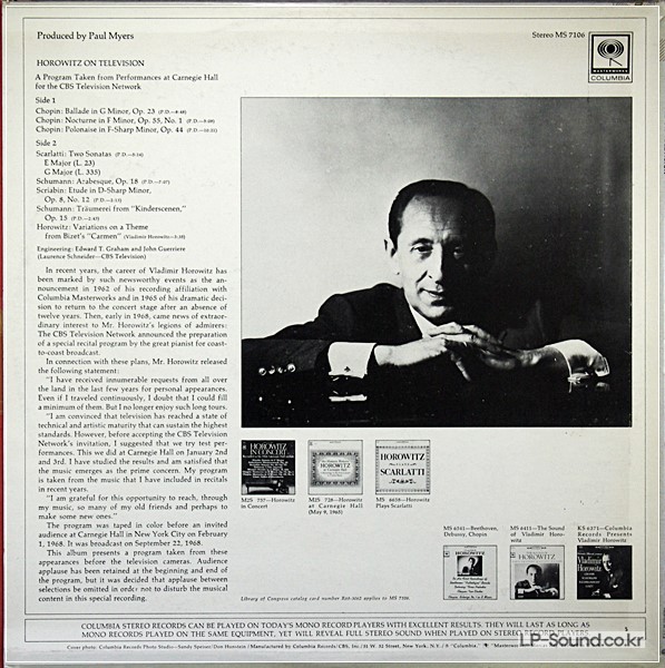 HOROWITZ ON TELEVISION 33 1/3 VINYL LP COLUMBIA MS7106