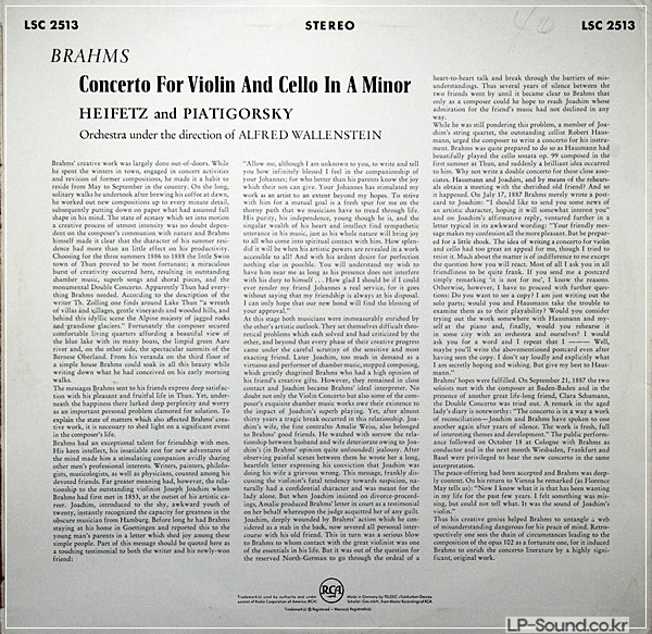 BRAHMS, CONCERTO FOR VIOLIN/CELLO, HEIFETZ, PIATIGORSKY, RCA SORIA LSC -2513