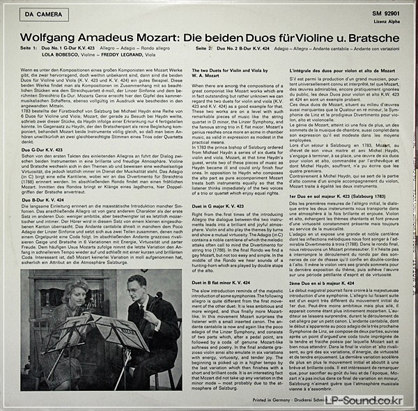 MOZART THE 2 DUOS FOR VIOLIN & VIOLA LOLA BOBESCO STEREO ED1 NM SM 92901