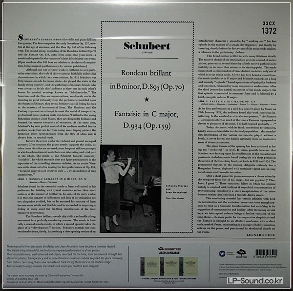 SHUBERT:  VIOLIN SONATA NO1/2  JOHANNA MARTZY, 33CX 1399 LP2