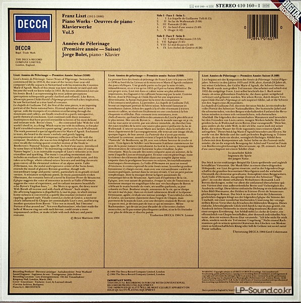 LISZT - ANNEES DE PELERINAGE (SUISSE) LP, JORGE BOLET, DECCA 410 160-1