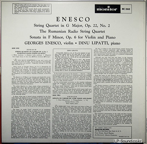 ENESCO PLAYS VIOLIN SONATA NO. 2/STRING QUARTET NO. 2-M1961LP LIPATTI