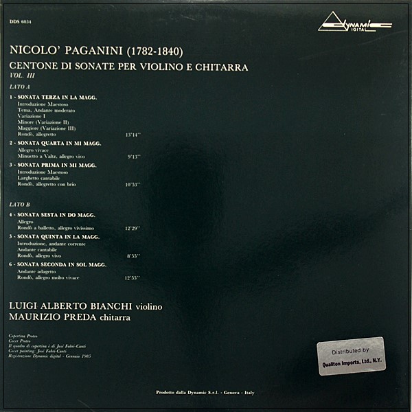 L. A. BIANCHI M. PREDA PAGANINI SONATE PER VIOLINO E CHITARRA DYNAMIC DDS 6034