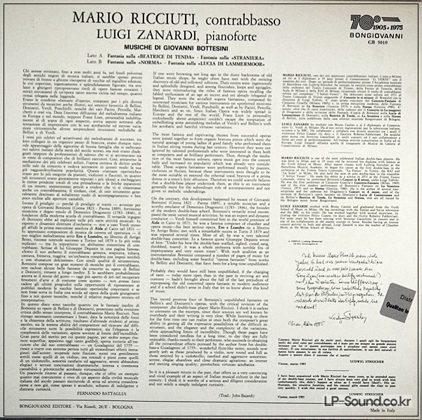 MARIO RICCIUTI LP BOTTESINI LUIGI ZANARDI FANTASIE SU OPERE DI BELLINI