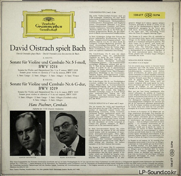 BACH VIOLIN SONATAS NO.5 & 6 DAVID OISTRACH RED STEREO SLPM 138 677