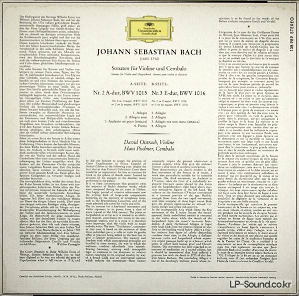 BACH SONATEN DAVID OISTRACH OISTRAKH HANS PISCHNER DGG STEREO SLPM 138 989 TULIP