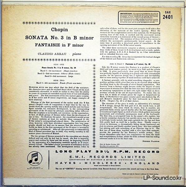 CHOPIN: SONATA NO.3 / FANTAISIE - CLAUDIO ARRAU COLUMBIA SAX 2401