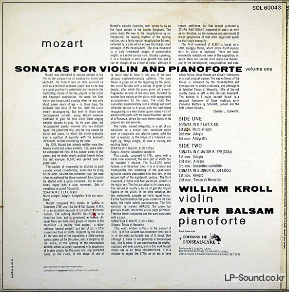 MOZART SONATAS FOR VIOLIN AND PIANO/KROLL/BALSAM VOL1
