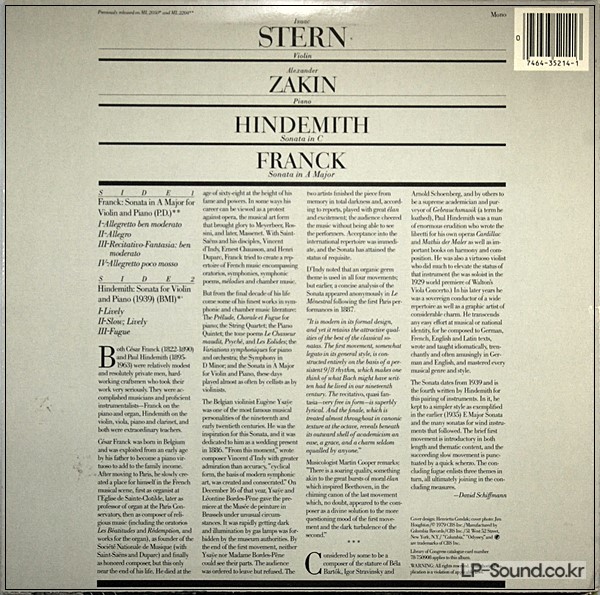 STERN, ZAKIN ‎– HINDEMITH SONATA IN C & FRANCK SONATA IN A MAJOR CBS