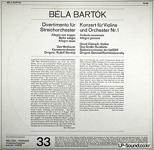 BARTOK DIVERTIMENO OISTRAH VIOLIN CON NO.1   PARNASS 79 189