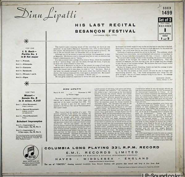 DINU LIPATTI HIS LAST RECITAL BESANCON FESTIVAL 33CX 1500