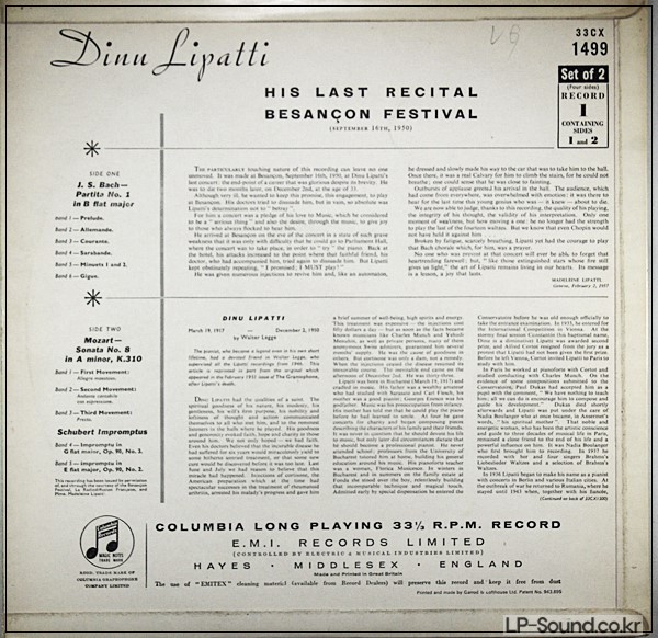 DINU LIPATTI HIS LAST RECITAL BESANCON FESTIVAL 33CX 1499
