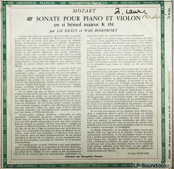 MOZART BOSKOWSKY / KRAUSS - SONATA FOR VIOLIN & PIANO KV 454 10