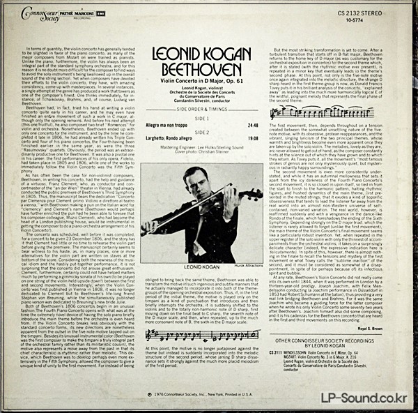 BEETHOVEN LEONID KOGAN VIOLIN CONCERTO CONNOISSEUR SOCIETY CS 2132