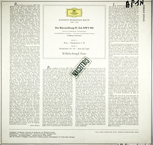 WILHELM KEMPFF BACH GOLDBERG VARIATIONS - DEUTSCHE GRAMMOPHON 1970